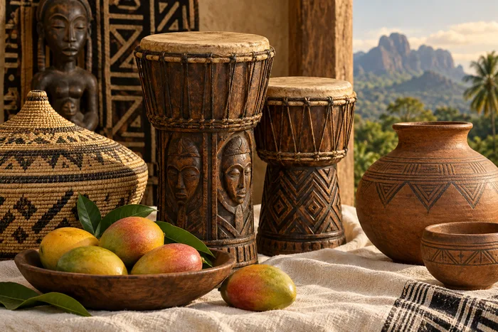 Tambours, panier tressé et poterie du patrimoine africain